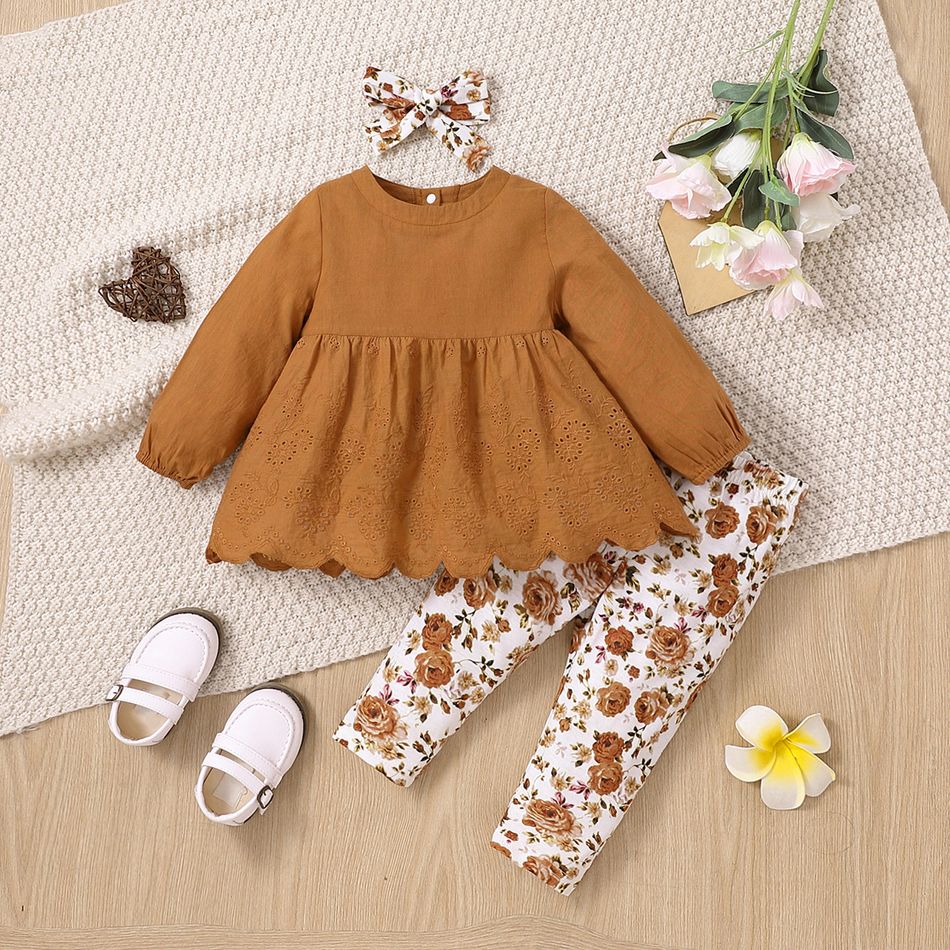 3pcs Baby Girl Long-sleeve Solid Embroidered Scallop Edge Hem Top and Floral Print Leggings & Headband Set Brown big image 1