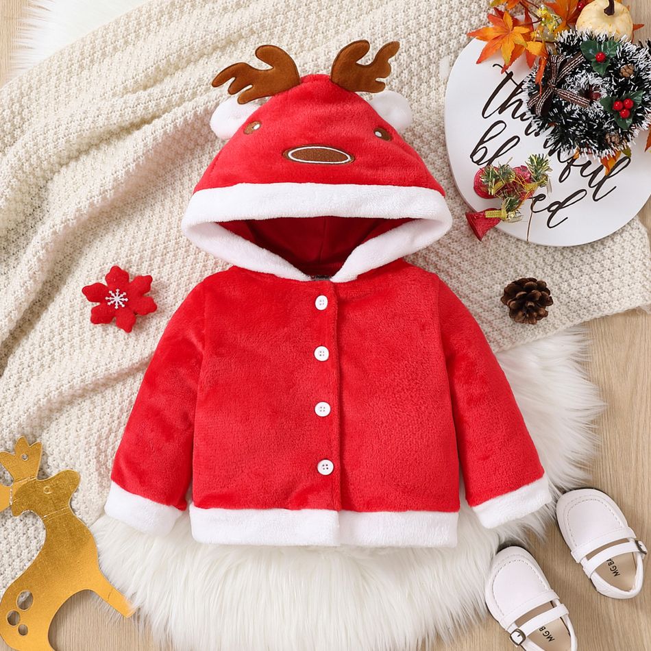 Christmas Baby Boy/Girl Red Thermal Fleece Long-sleeve 3D Antler Hooded Jacket Red big image 1