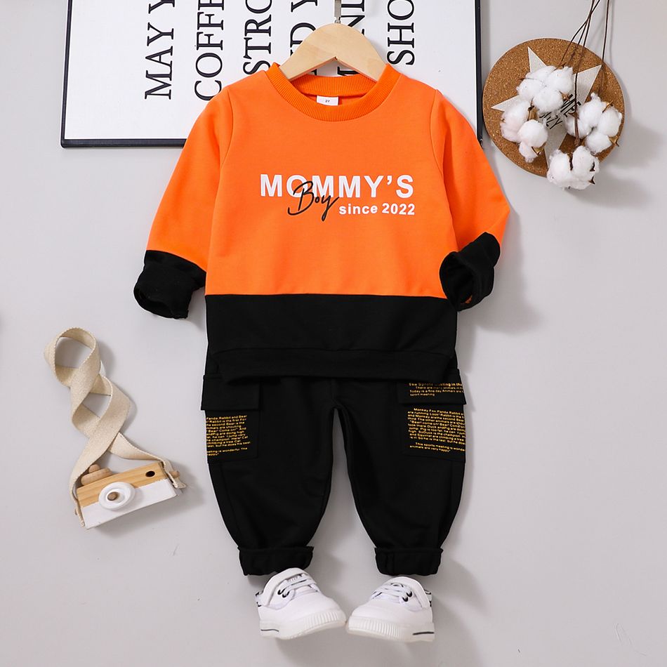 2pcs Toddler Boy Trendy Letter Print Colorblock Sweatshirt and Pocket Design Pants Set Orange big image 1