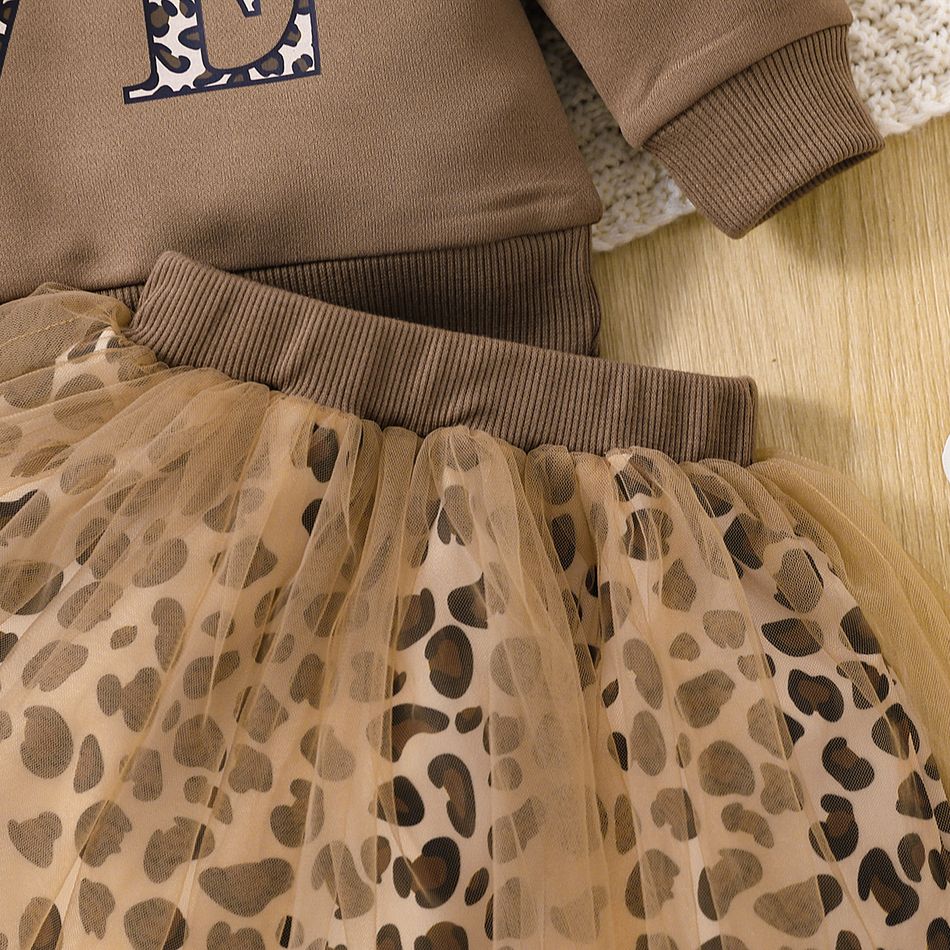 2pcs Baby Girl Long-sleeve Letter Graphic Sweatshirt and Leopard Print Mesh Skirt Set Brown big image 6