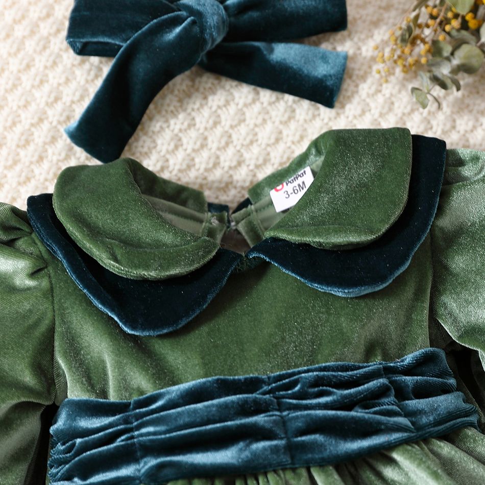 2pcs Baby Girl Contrast Peter Pan Collar Long-sleeve Velvet Party Dress with Headband Set Green big image 4