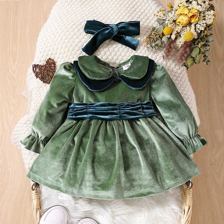 2pcs Baby Girl Contrast Peter Pan Collar Long-sleeve Velvet Party Dress with Headband Set Green