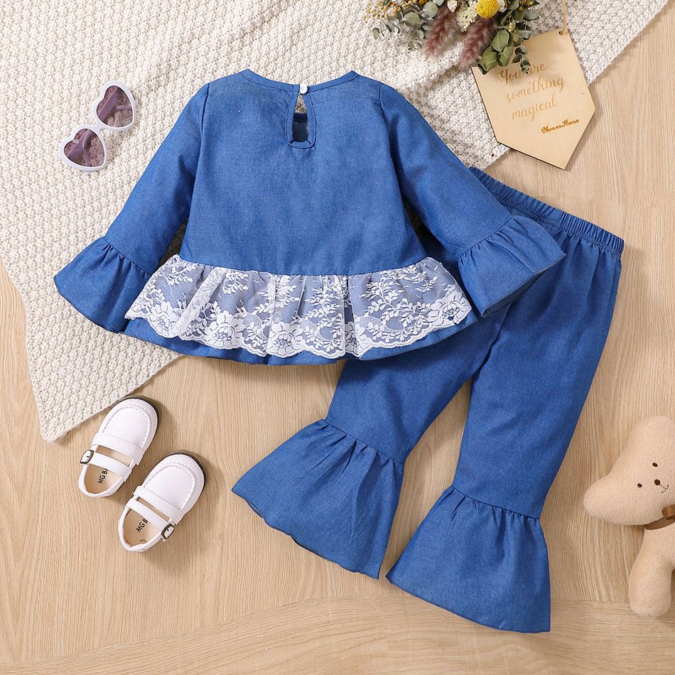 2pcs Toddler Girl Sweet Lace Design Bowknot Denim Tee and Flared Pants Set Blue big image 2