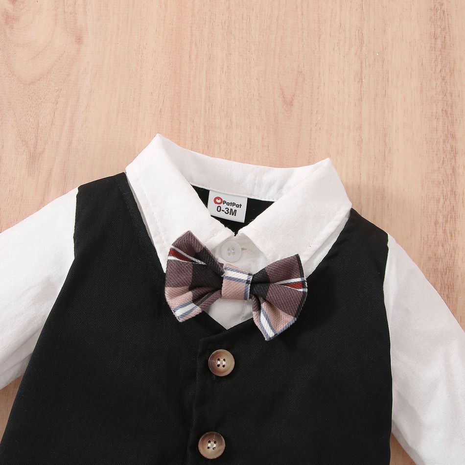 Baby Boy Plaid Bow Tie Waistcoat Faux-two Long-sleeve Jumpsuit Party Outfit Black big image 3