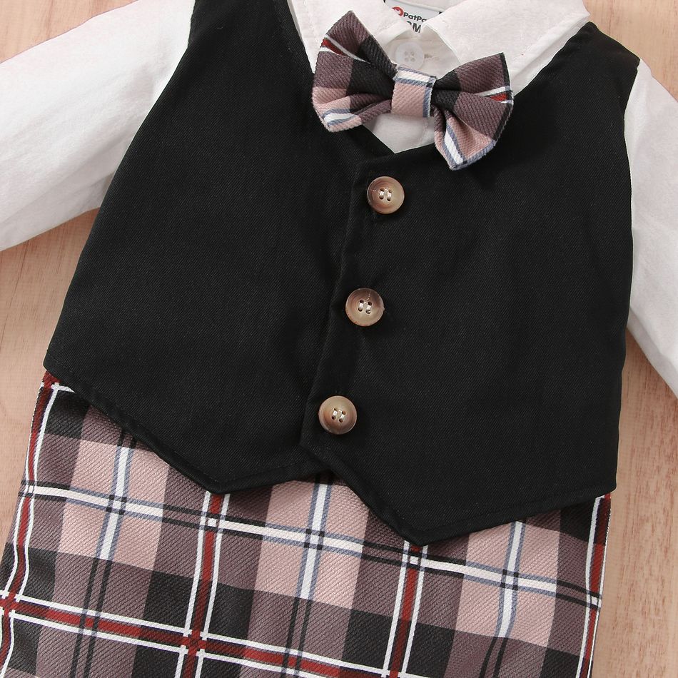 Baby Boy Plaid Bow Tie Waistcoat Faux-two Long-sleeve Jumpsuit Party Outfit Black big image 4