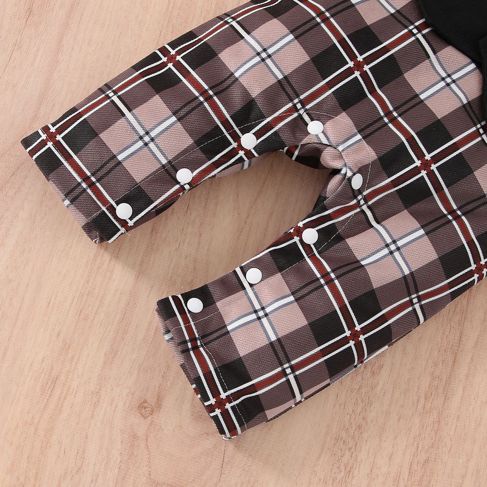 Baby Boy Plaid Bow Tie Waistcoat Faux-two Long-sleeve Jumpsuit Party Outfit Black big image 6
