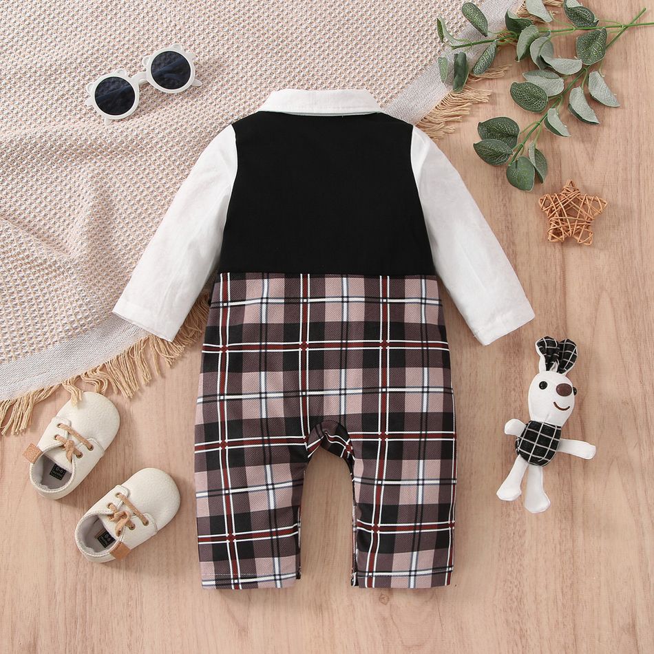 Baby Boy Plaid Bow Tie Waistcoat Faux-two Long-sleeve Jumpsuit Party Outfit Black big image 2