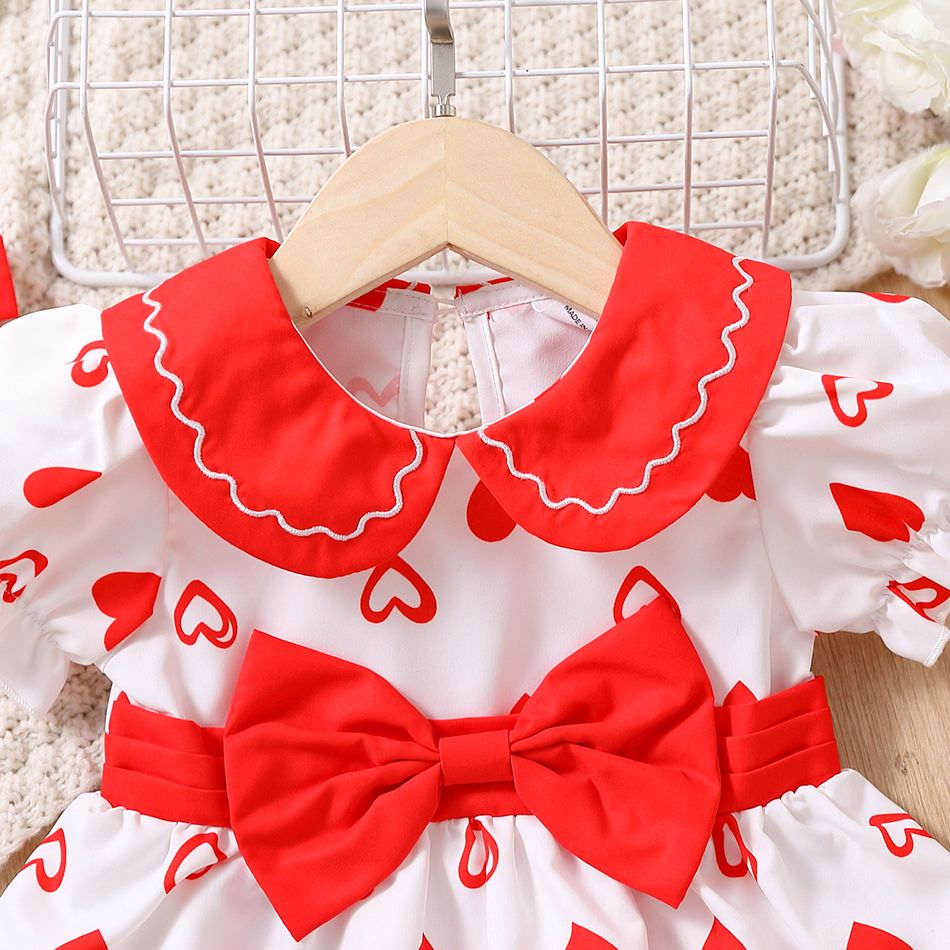 2pcs Baby Girl Allover Heart Print Peter Pan Collar Puff-sleeve Bow Front Dress with Headband Set Red big image 4