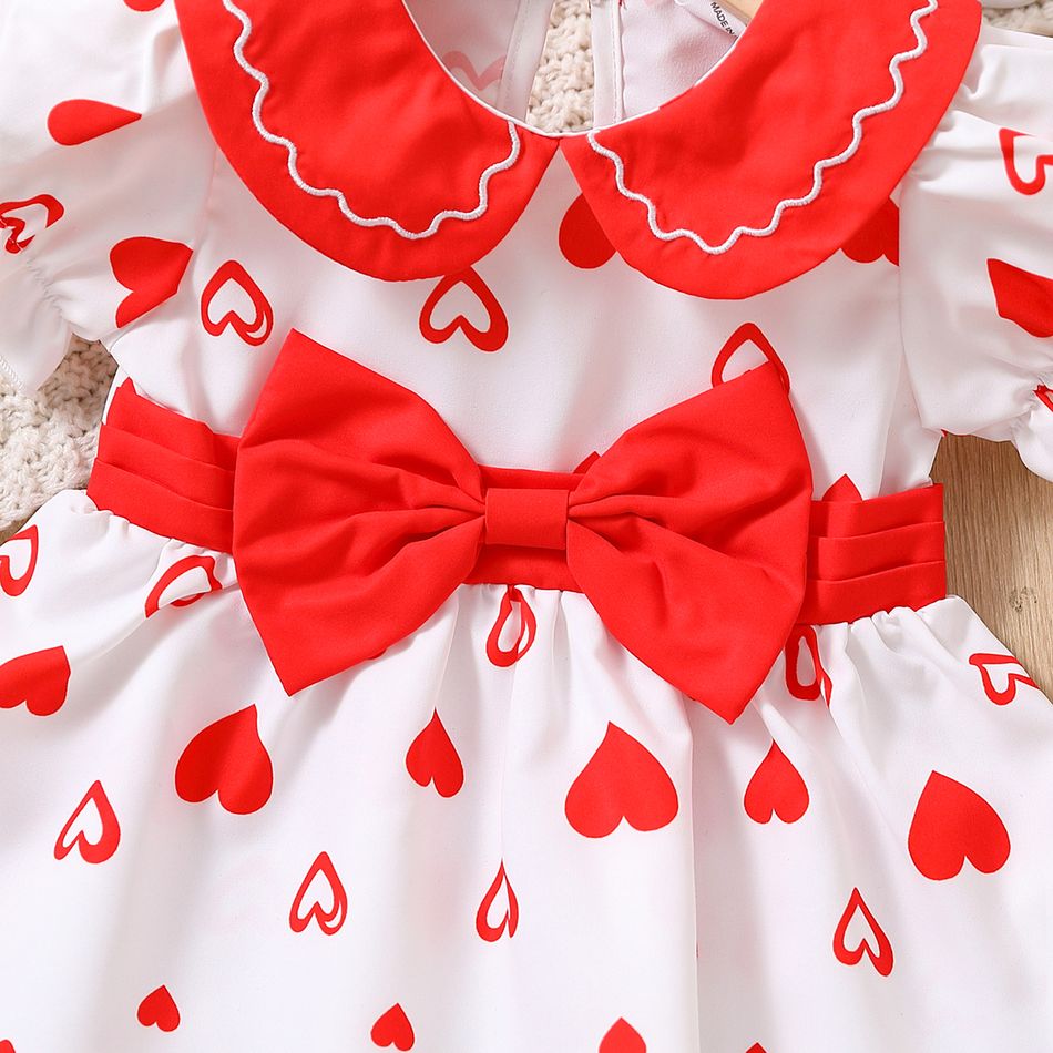 2pcs Baby Girl Allover Heart Print Peter Pan Collar Puff-sleeve Bow Front Dress with Headband Set Red big image 5