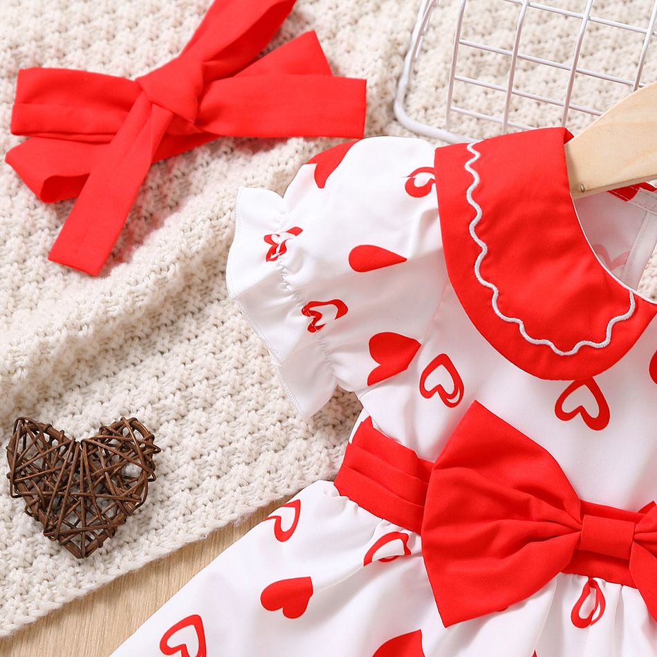 2pcs Baby Girl Allover Heart Print Peter Pan Collar Puff-sleeve Bow Front Dress with Headband Set Red big image 3