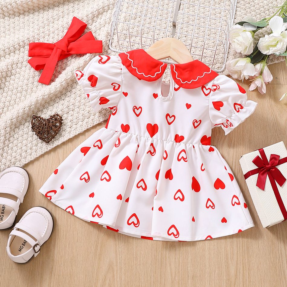 2pcs Baby Girl Allover Heart Print Peter Pan Collar Puff-sleeve Bow Front Dress with Headband Set Red big image 2
