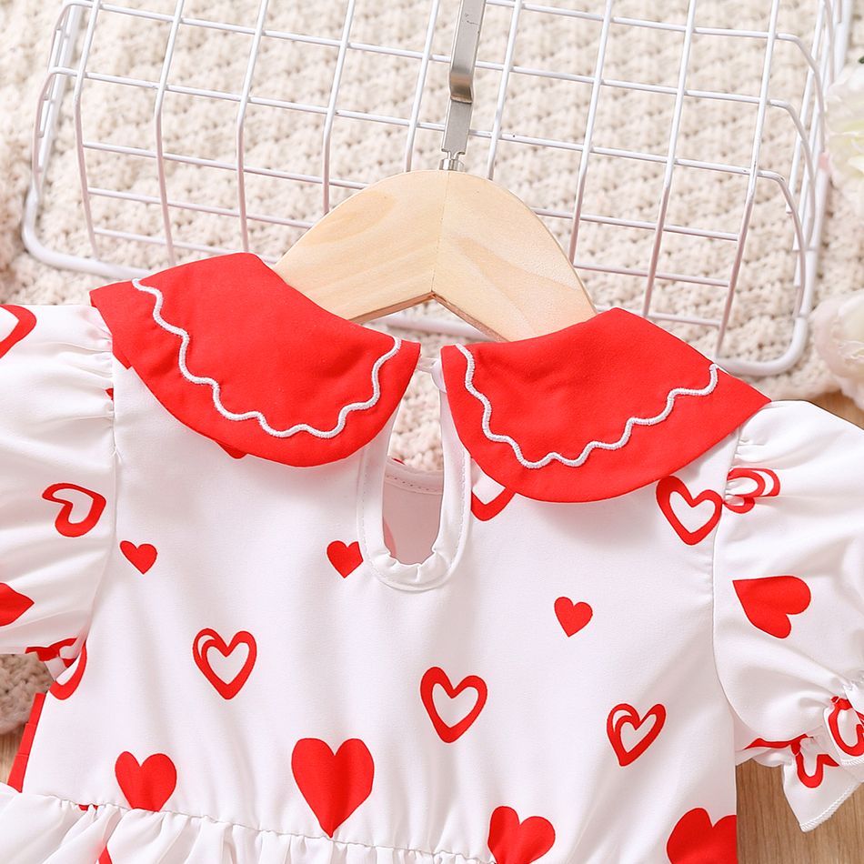 2pcs Baby Girl Allover Heart Print Peter Pan Collar Puff-sleeve Bow Front Dress with Headband Set Red big image 7