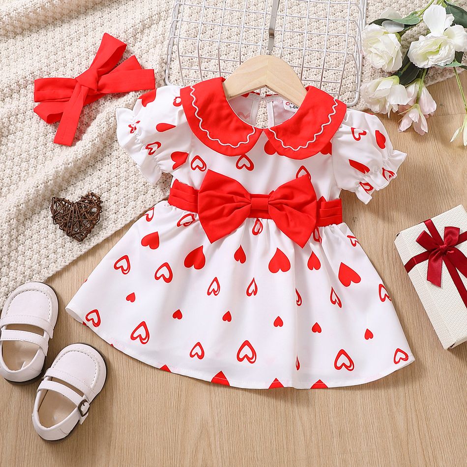 2pcs Baby Girl Allover Heart Print Peter Pan Collar Puff-sleeve Bow Front Dress with Headband Set Red big image 1