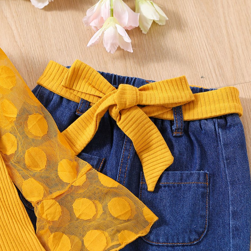 2pcs Toddler Girl Sweet Denim Flared Jeans and Mesh Bell sleeves Tee Set Yellow big image 6