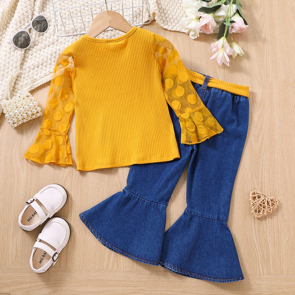 2pcs Toddler Girl Sweet Denim Flared Jeans and Mesh Bell sleeves Tee Set Yellow big image 8