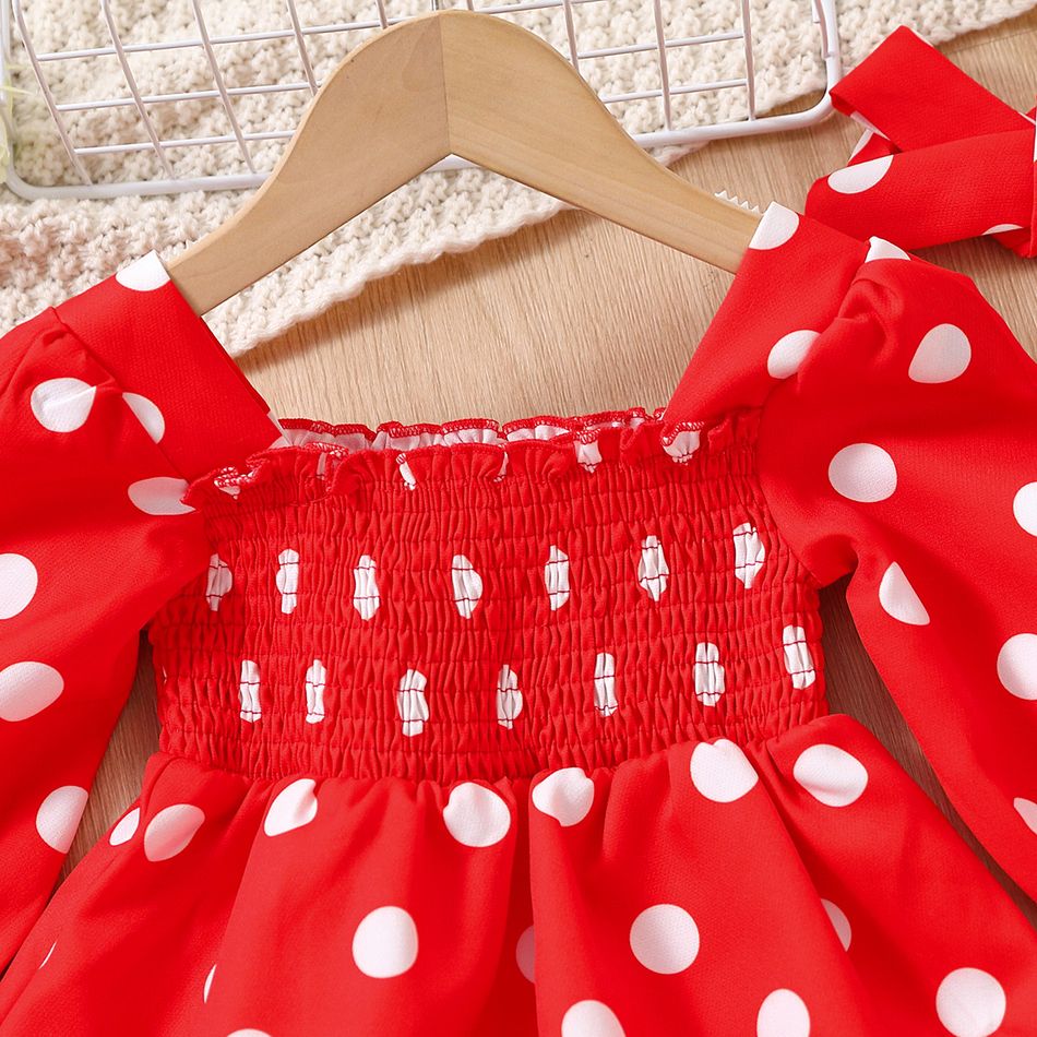 2pcs Baby Girl Allover Polka Dots Print Long-sleeve Shirred Dress & Headband Set Red big image 2