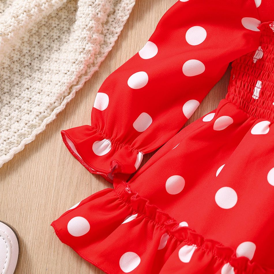 2pcs Baby Girl Allover Polka Dots Print Long-sleeve Shirred Dress & Headband Set Red big image 3