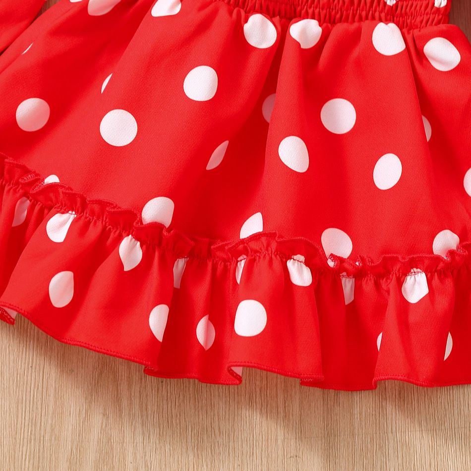 2pcs Baby Girl Allover Polka Dots Print Long-sleeve Shirred Dress & Headband Set Red big image 4