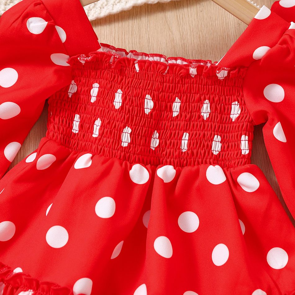 2pcs Baby Girl Allover Polka Dots Print Long-sleeve Shirred Dress & Headband Set Red big image 5