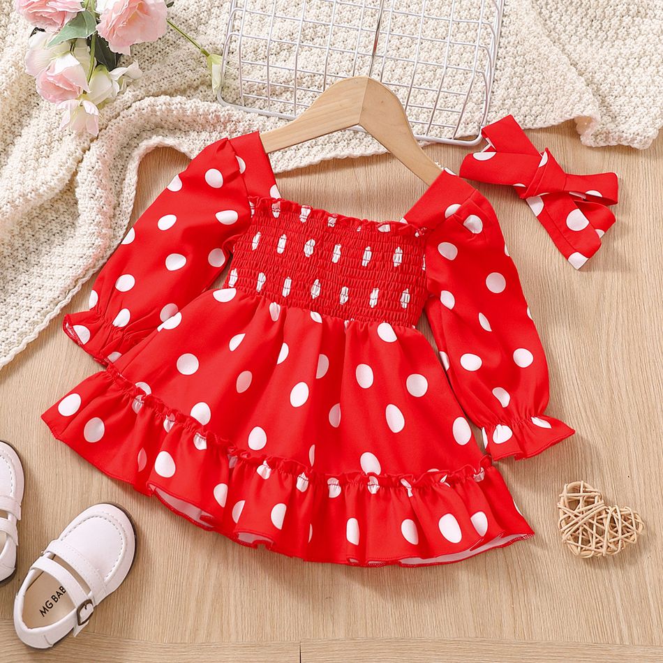 2pcs Baby Girl Allover Polka Dots Print Long-sleeve Shirred Dress & Headband Set Red big image 6
