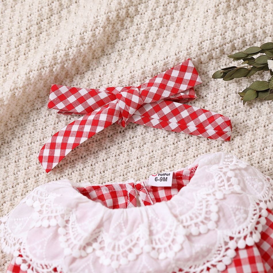 2pcs Baby Girl Lace Collar Gingham Pattern Long-sleeve Romper & Headband Set Red big image 3