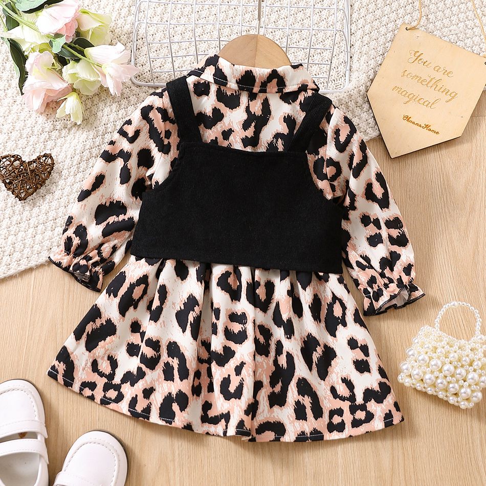 2pcs Baby Girl Leopard Print Long-sleeve Button Dress & Vest Set Black big image 2