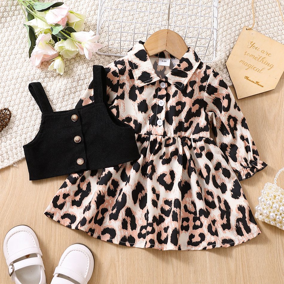 2pcs Baby Girl Leopard Print Long-sleeve Button Dress & Vest Set Black big image 3