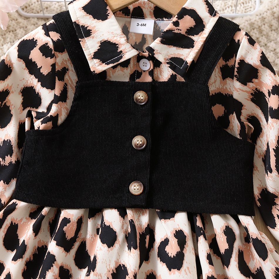 2pcs Baby Girl Leopard Print Long-sleeve Button Dress & Vest Set Black big image 5