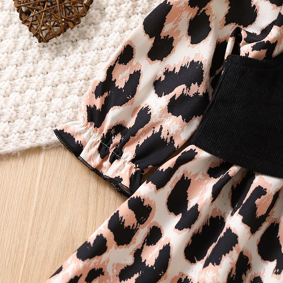 2pcs Baby Girl Leopard Print Long-sleeve Button Dress & Vest Set Black big image 6
