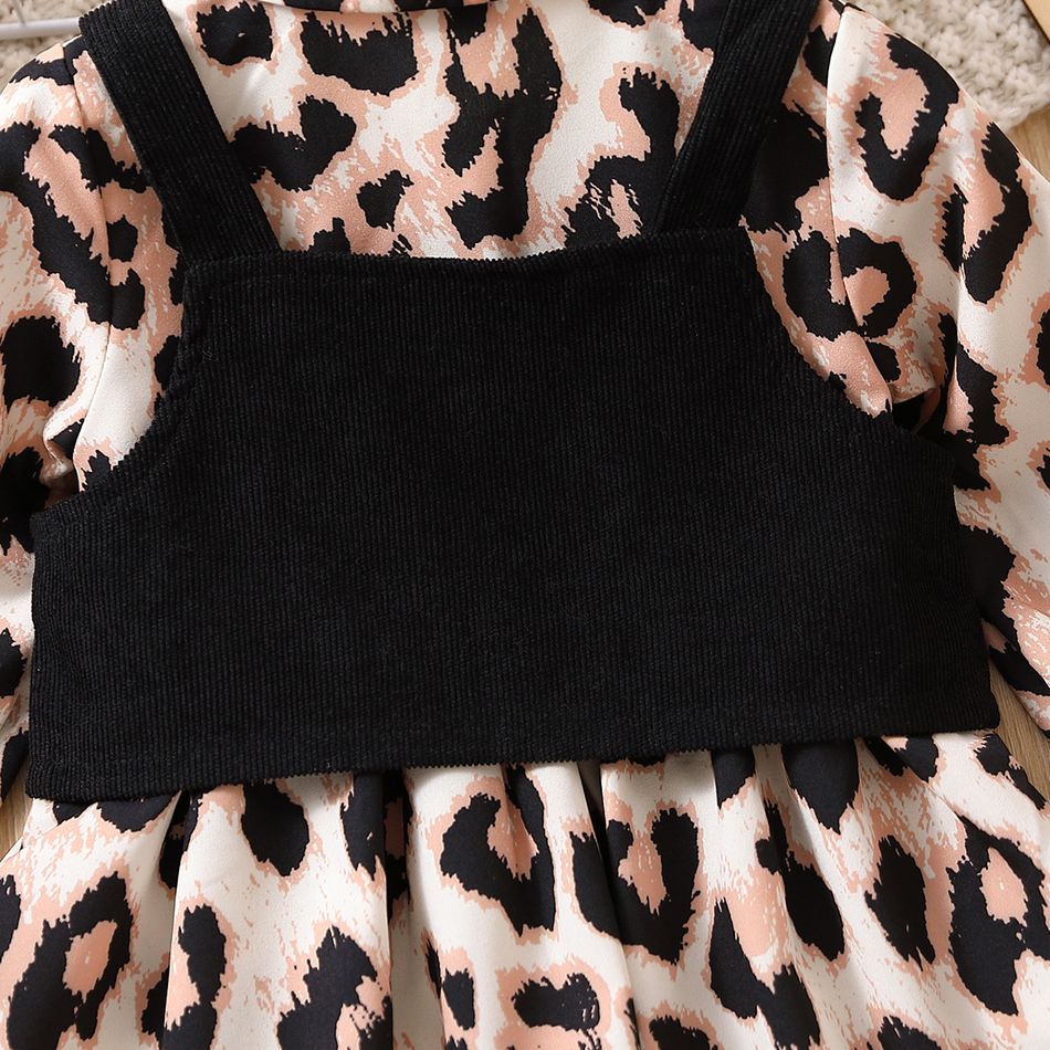 2pcs Baby Girl Leopard Print Long-sleeve Button Dress & Vest Set Black