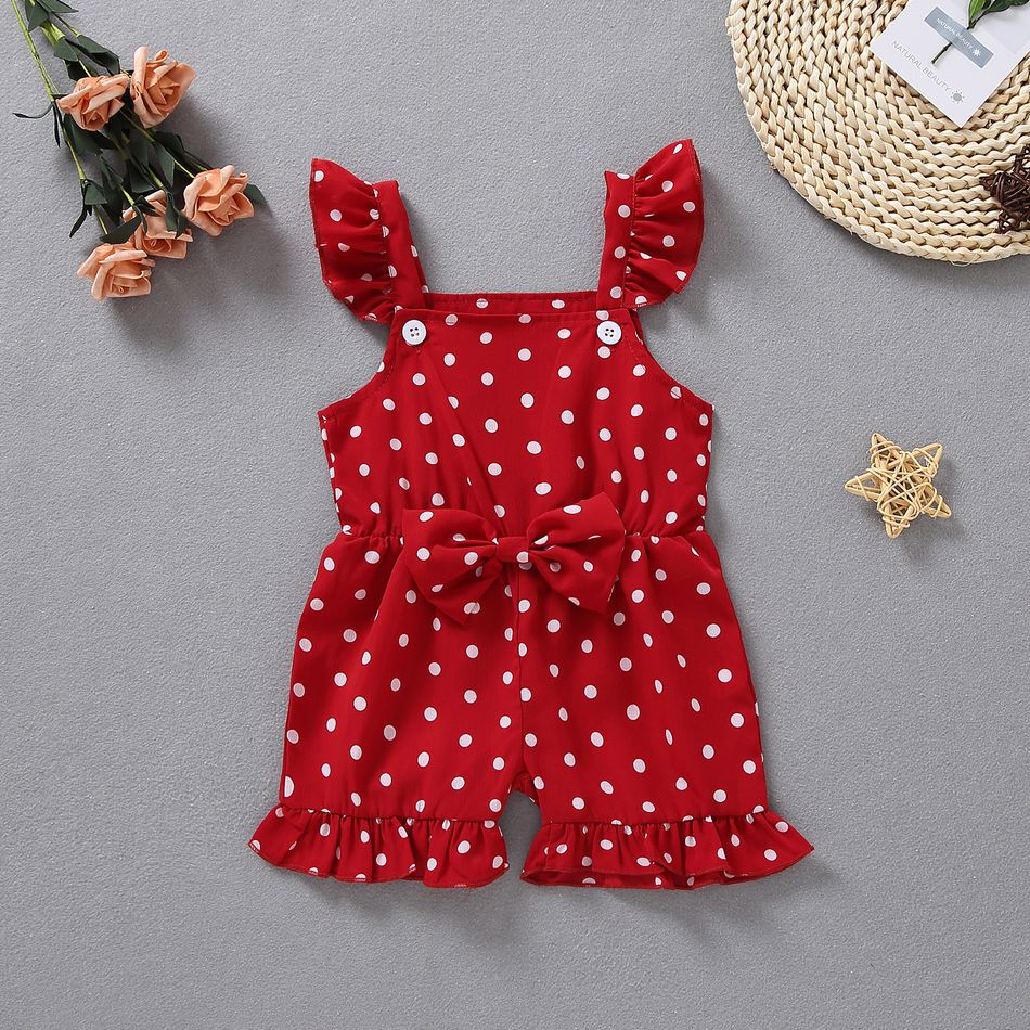 Polka Dots Print Ruffle and Bow Decor Baby Overalls Red big image 2