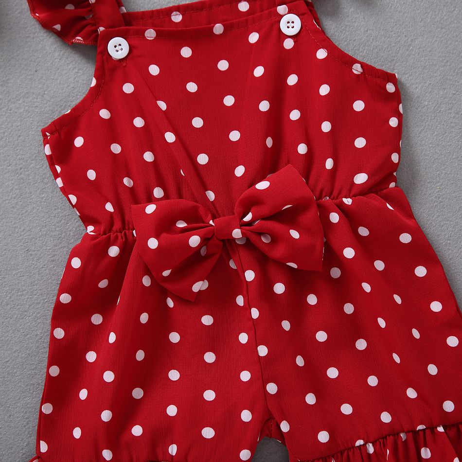 Polka Dots Print Ruffle and Bow Decor Baby Overalls Red big image 3