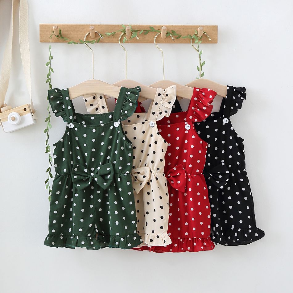 Polka Dots Print Ruffle and Bow Decor Baby Overalls Red