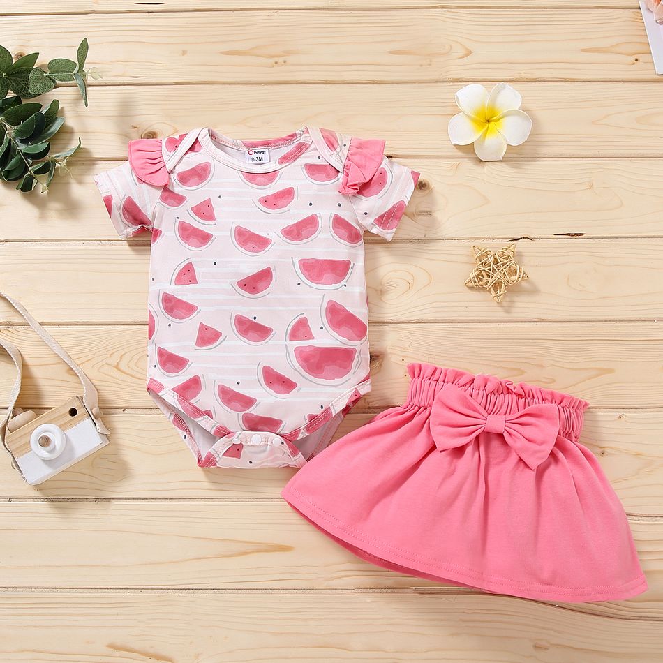 2pcs Watermelon Allover Ruffle and Bow Decor Short-sleeve Pink Baby Set Pink big image 1