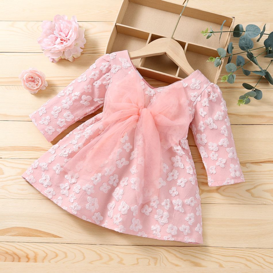 V-neck Pink Floral Mesh Bowknot Long-sleeve Baby Princess Dress Pink