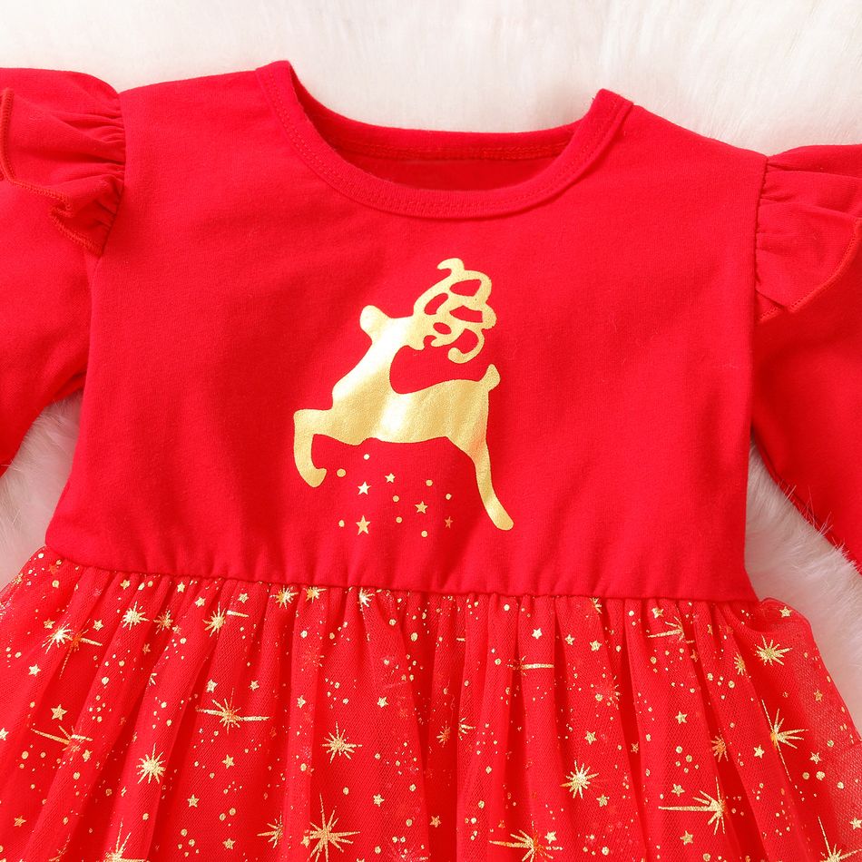 Baby 2pcs Christmas Deer Golden Glitter Red Long-sleeve Mesh Dress Set Red big image 4