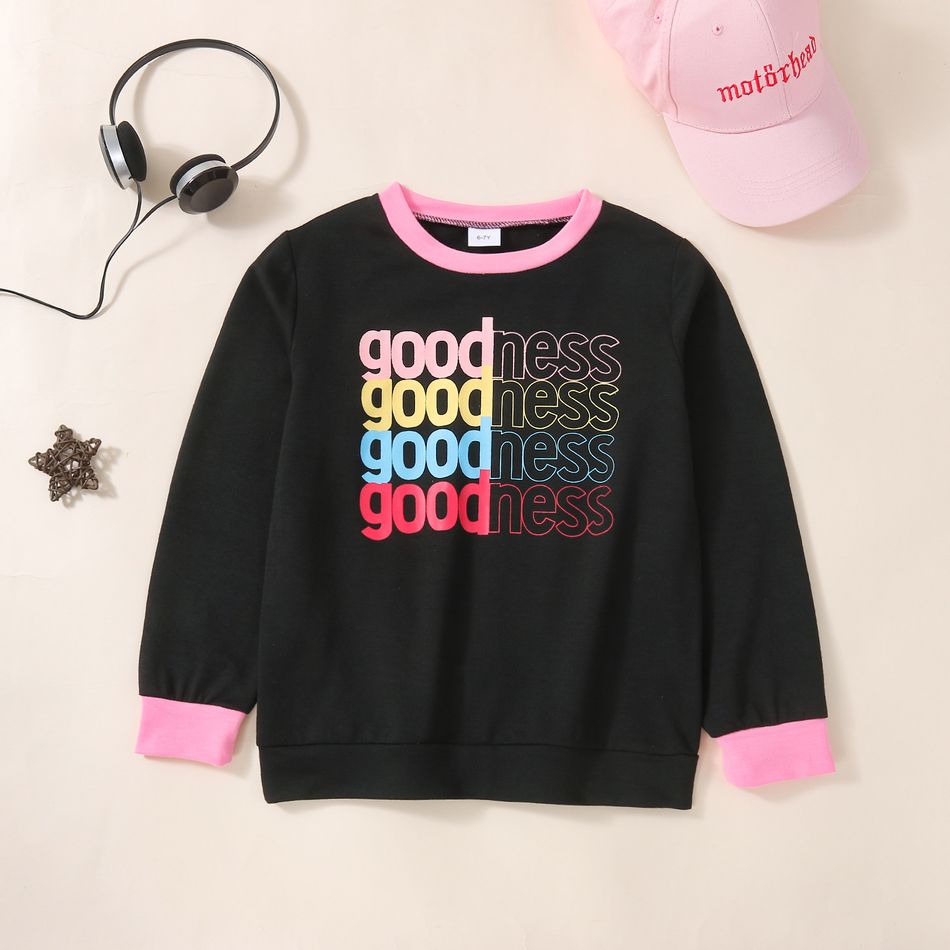 Kid Girl Letter Print Colorblock Pullover Sweatshirt Black