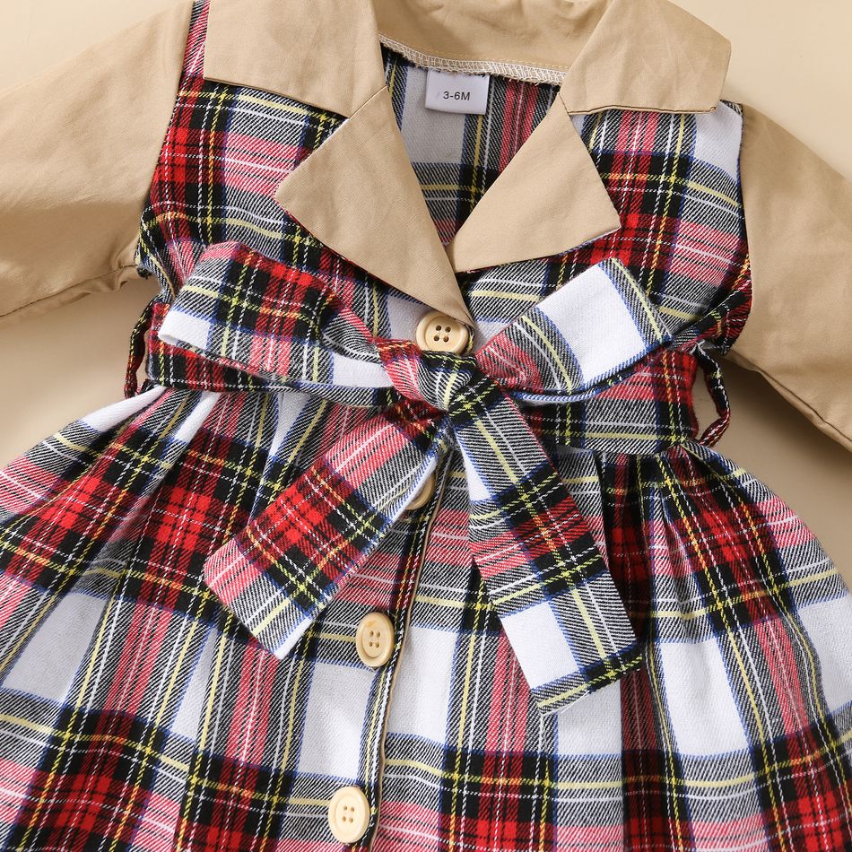 Plaid Splicing Lapel Button Down Belted Long-sleeve Baby Blazer Dress Pale Yellow big image 3