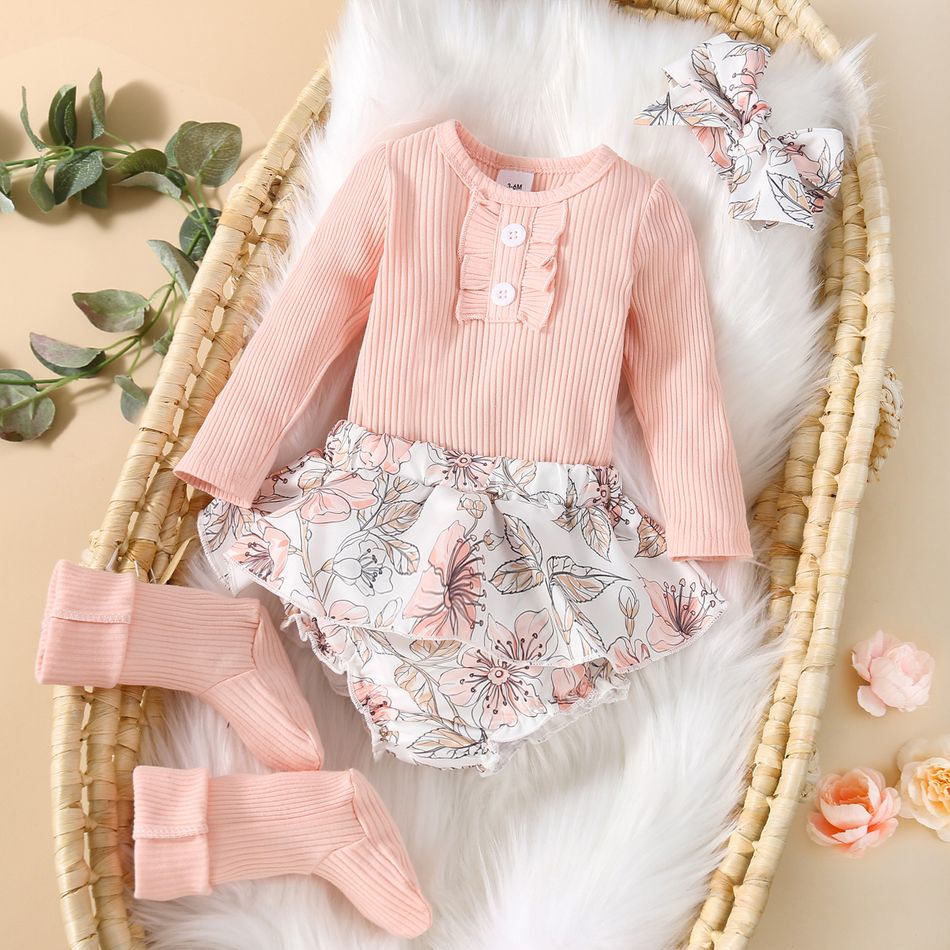 4pcs Baby Pink Ribbed Long-sleeve Romper and Floral Print Ruffle Shorts with Socks Set Pink
