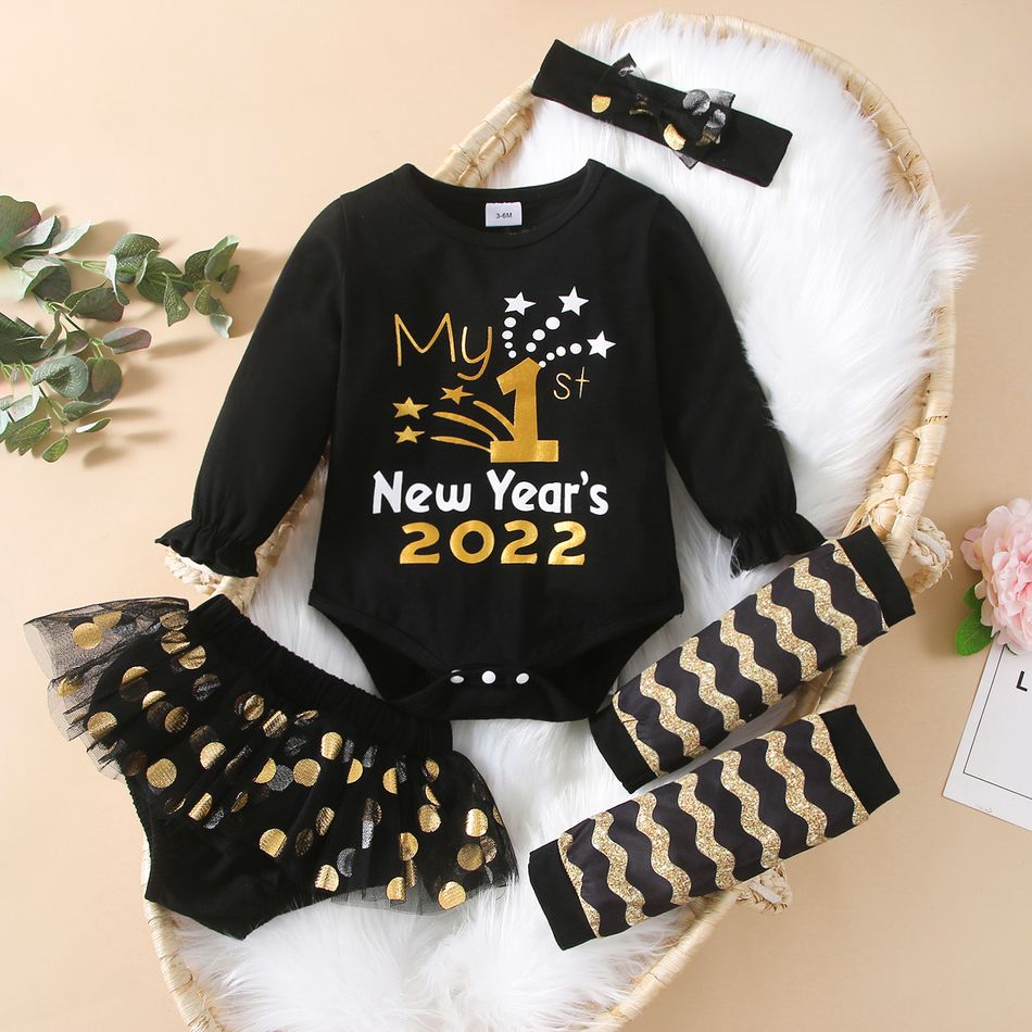 New Year 4pcs Baby Girl Letter Print Black Long-sleeve Romper and Polka Dots Skirted Shorts Set Black
