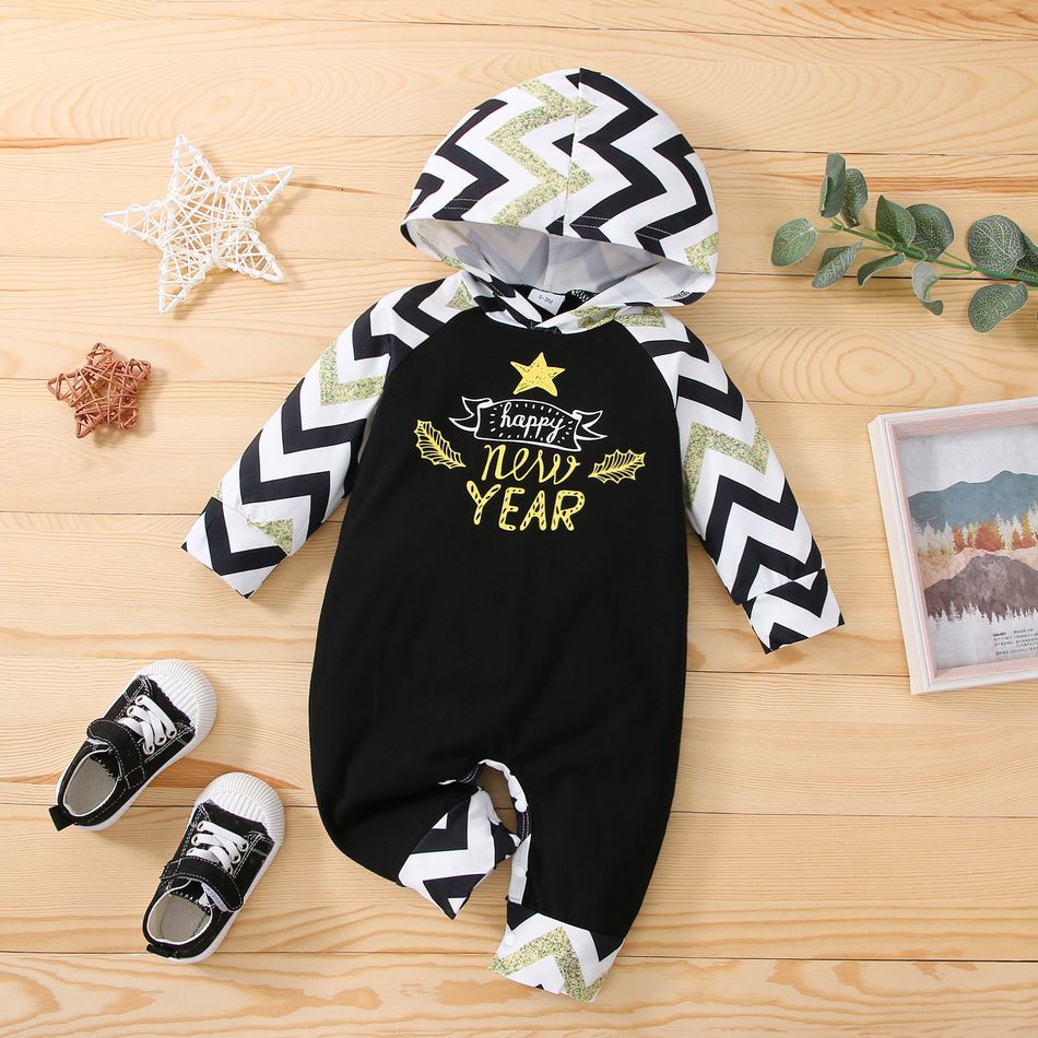 Baby Girl/Boy Letter Print New Year Striped Hooded Long-sleeve Jumpsuit Black