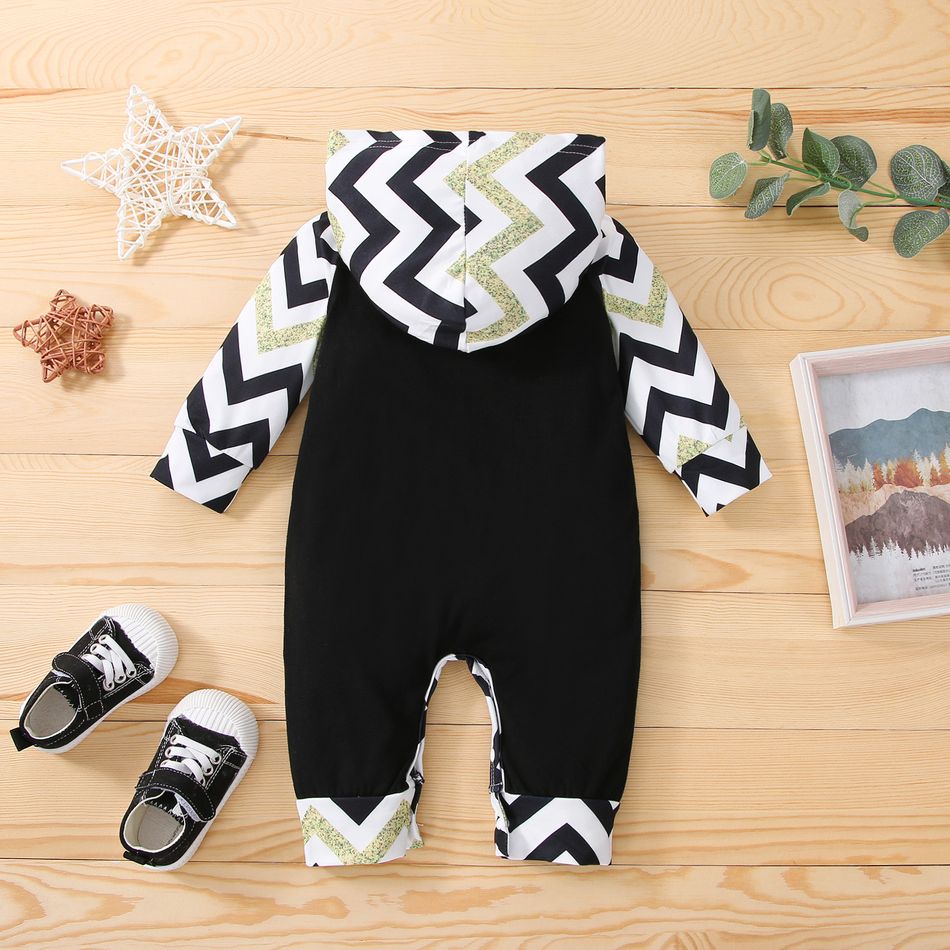 Baby Girl/Boy Letter Print New Year Striped Hooded Long-sleeve Jumpsuit Black big image 2