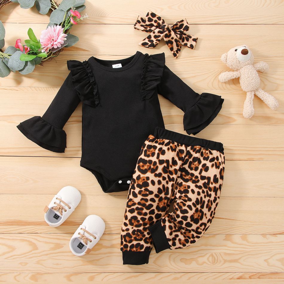 3pcs Baby Girl Black Ribbed Ruffle Bell Sleeve Romper and Leopard Trousers Set Black