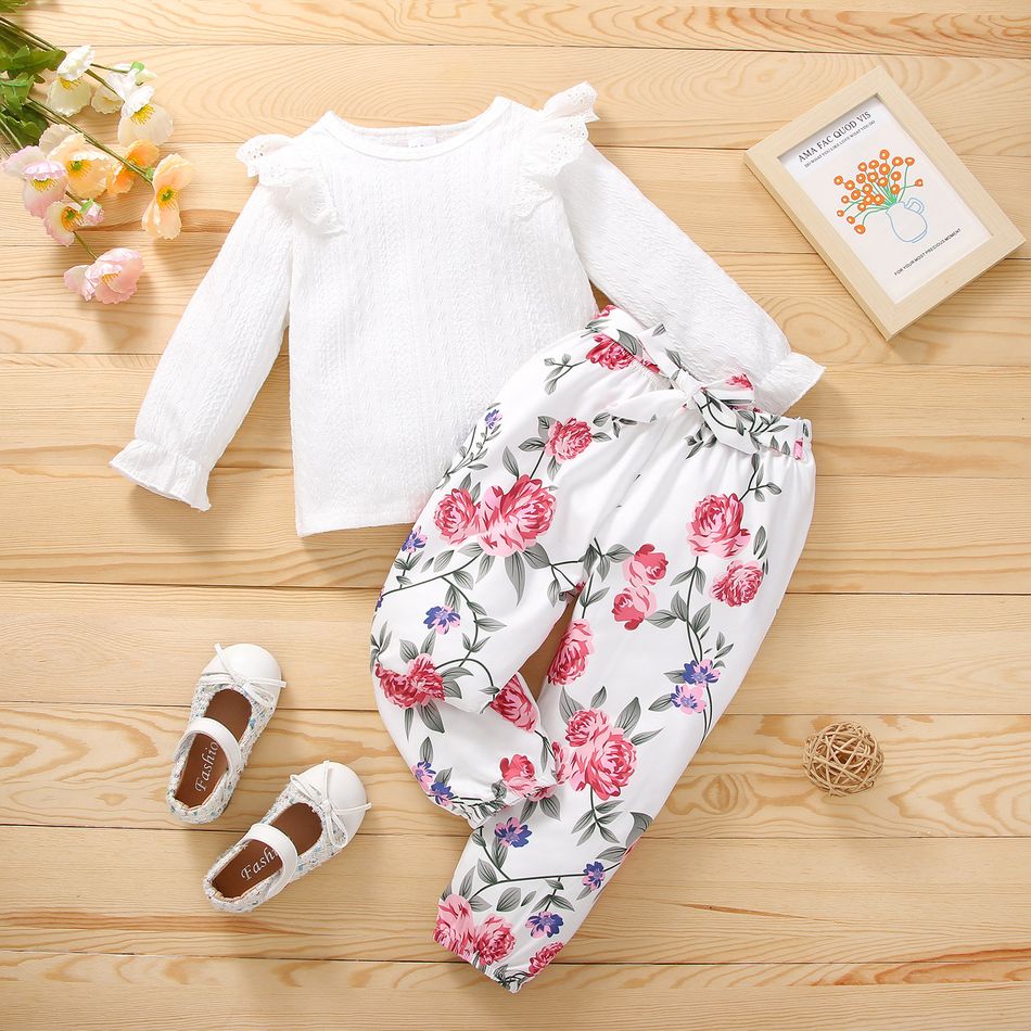 2-piece Toddler Girl Ruffled Schiffy Cable Knit Textured Long-sleeve top and Floral Print Belted Pants Set Beige