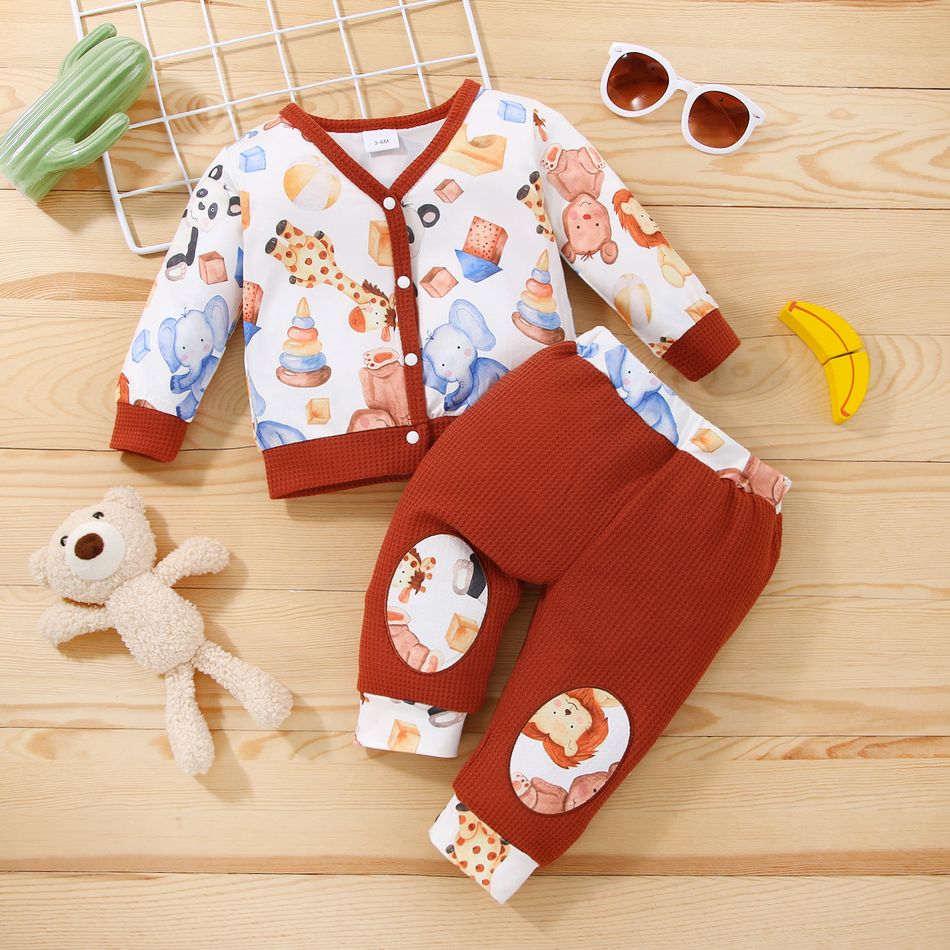2pcs Baby Boy/Girl Animal Print Waffle Long-sleeve Cardigan and Trousers Set Red