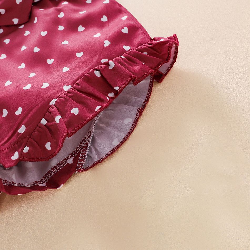 Baby Girl All Over Love Heart Print Button Up Sleeveless Spaghetti Strap Belted Romper Burgundy big image 5