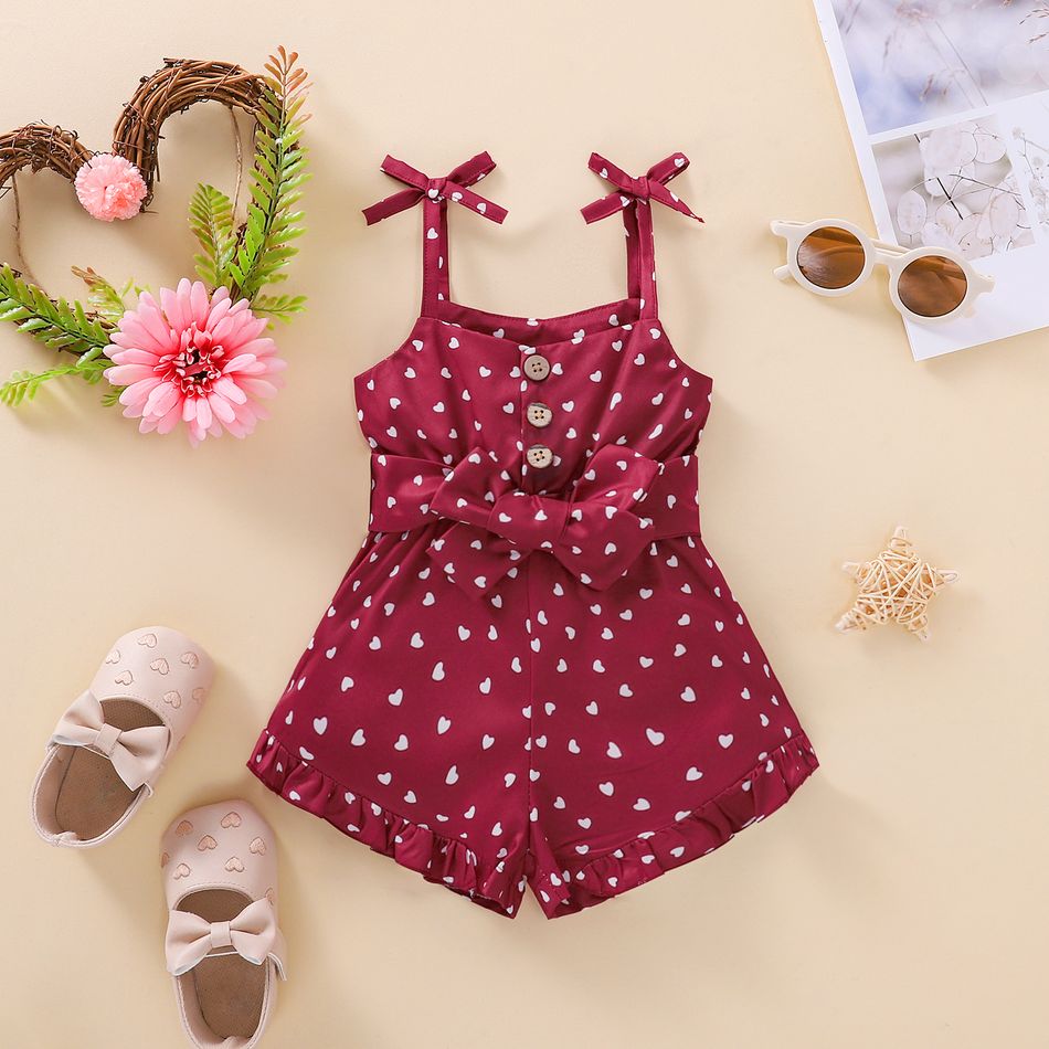 Baby Girl All Over Love Heart Print Button Up Sleeveless Spaghetti Strap Belted Romper Burgundy
