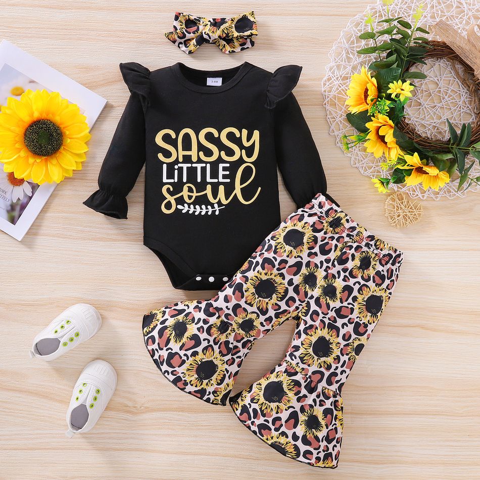 3pcs Baby Girl Letter Print Long-sleeve Romper with Sunflowers Floral Print Leopard Flared Pants and Headband Set Black