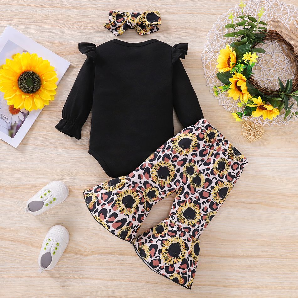 3pcs Baby Girl Letter Print Long-sleeve Romper with Sunflowers Floral Print Leopard Flared Pants and Headband Set Black big image 11