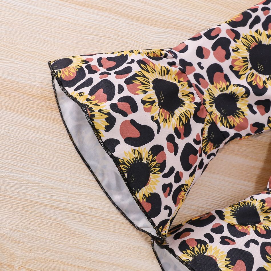 3pcs Baby Girl Letter Print Long-sleeve Romper with Sunflowers Floral Print Leopard Flared Pants and Headband Set Black big image 8